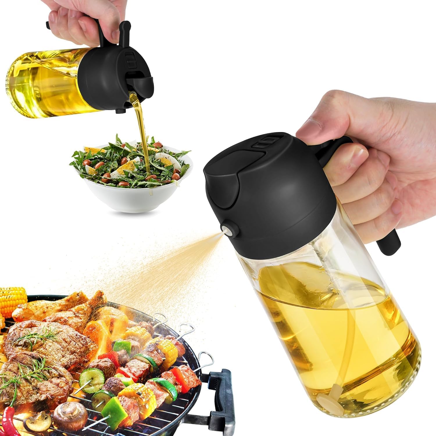 Oil Dispenser Bottle for Kitchen 16oz - 2 in 1 Olive Oil Dispenser and Oil Sprayer - 470ml Olive Oil Bottle - Oil Sprayer for Cooking, Kitchen, Salad, Barbecue Black