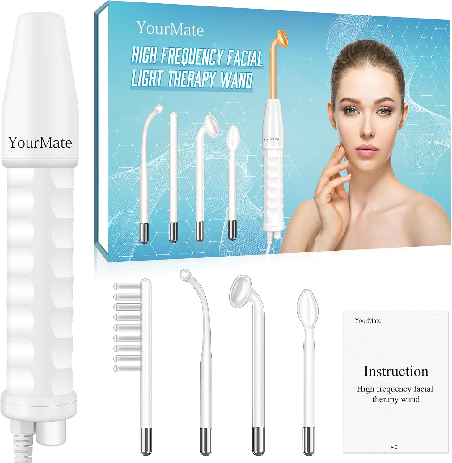 YourMate Handheld Phototherapy Device High Frequency Wand/Machine with Neon Tubes for Face Chin Neck Hair, Facial Skin Wand Machine with 4 Different Tube