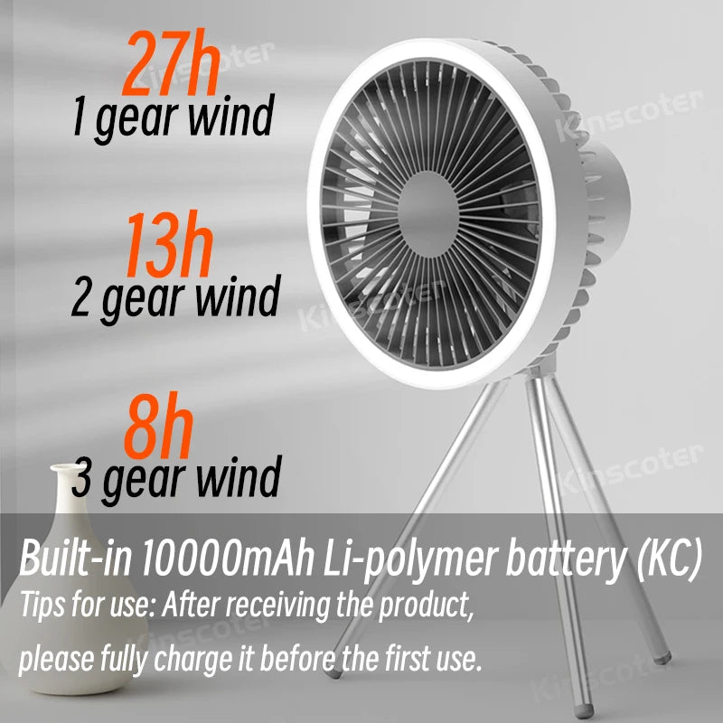 Ultimate Camping Companion: 10000mAh Rechargeable Portable Fan with Power Bank & LED Light