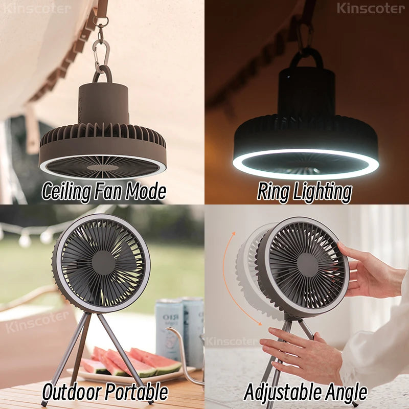 Ultimate Camping Companion: 10000mAh Rechargeable Portable Fan with Power Bank & LED Light