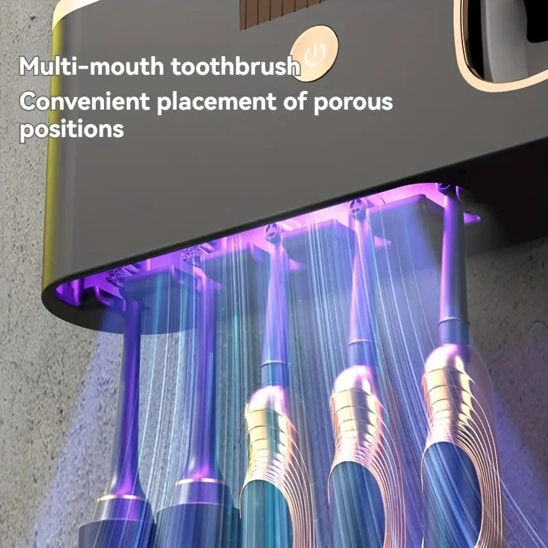 Toothbrush Holder and  Sanitizer with USB Charging - No-Drill Wall Mount, Convenient Toothpaste Dispenser, Ideal for Bathroom & Shower